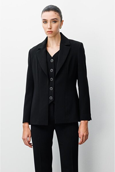 Moda İlgi Modailgi Kırlangıç Yaka Kuptan Yelek Detaylı Astarlı Ceket - 40031 Siyah