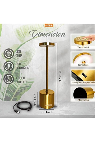 Aishini Creative LED Table Lamp, Touch Control, 3-Color Dimmable, Rechargeable, Type-C, Gold