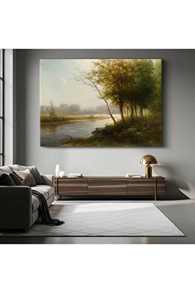 Generic Brand Jean-Baptiste-Camille Corot, Pictură peisaj cu copaci pe malul ...