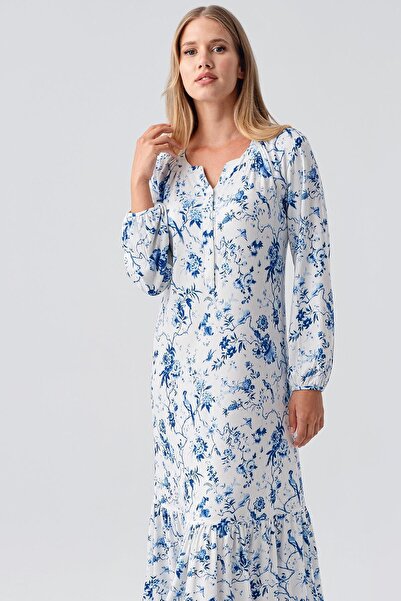 Artış Thermal Long Sleeve Buttoned Patterned Stretchy Soft Textured Nightgown