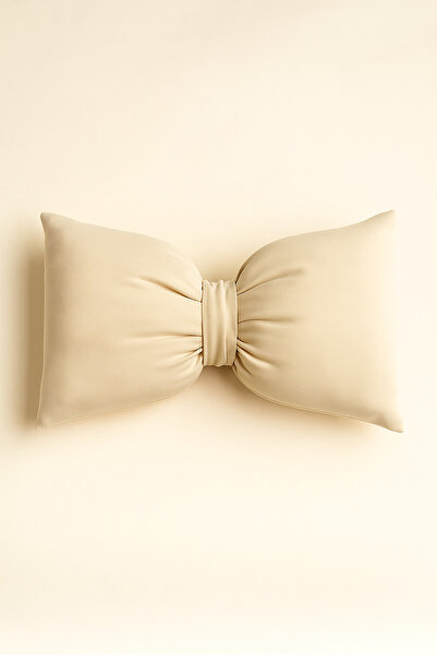 Mirilliahome Beige Throw Pillow with Bow |   Silicone Fiber Filled Decorative Pillow