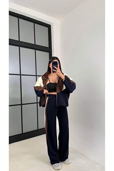 Gaus Lacivert Şerit Detaylı Ceket Beli Lastikli Pantolon Paraşüt Modal Kumaş Takım GAUS-00677