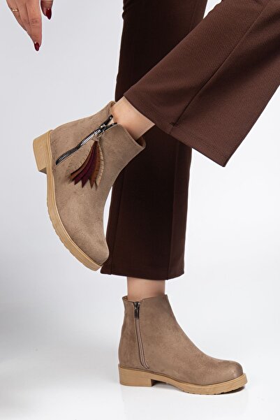 infon shoes creation 165-205 Mink Suede Leaf Patterned Zippered Daily Women's Boots