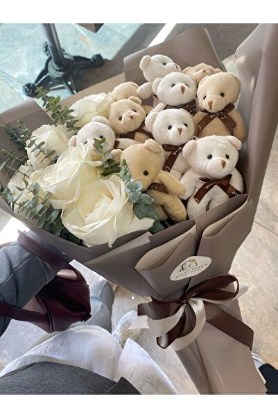 Diana Accessory AYILI ÇİÇEK BUKET BEYAZ GÜL 12 ADET AYICIK 6 GÜL SEVGİLİYE EŞ...