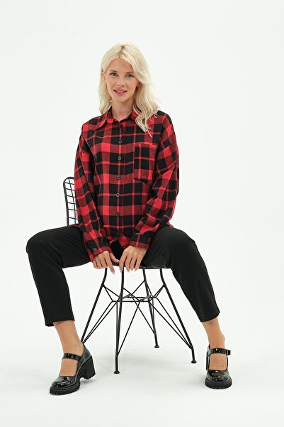 BUSA Maternity Long Sleeve Plaid Shirt Red