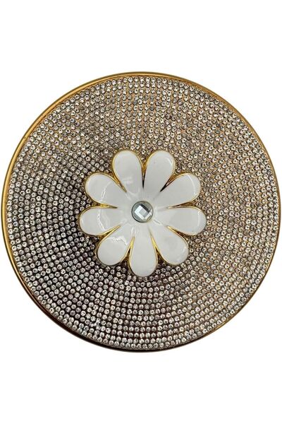 Bnd Decorative Glass Jewelry Box with Rhinestone Lid, Gold Accent & White Flower (Round)