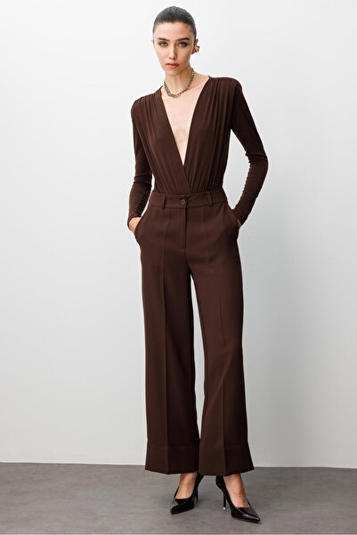 Moda İlgi Modailgi Yüksek Bel Yandan Cepli Paçası Ek Ve Dikiş Detaylı Plazzo Pantolon - 15045 Kahve