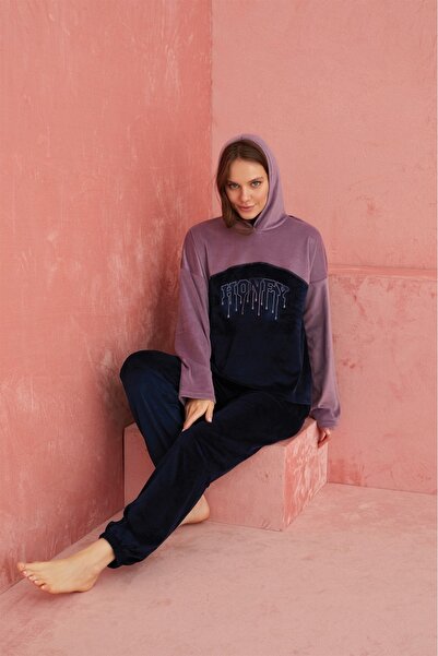 ELİTOL Кадифе Honey Жіночий домашній комплект з капюшоном – Ліла Синій