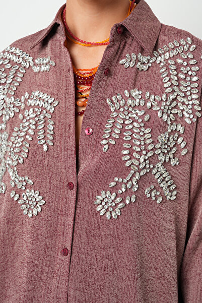 Orfeo Negro Women's Robe Stone Embroidered Burgundy Color O Oversized Cut Shirt