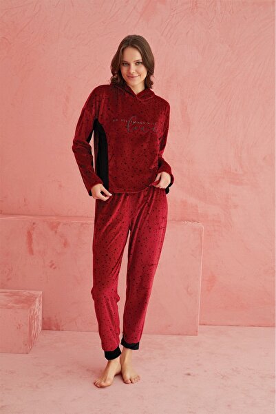 ELİTOL Velvet Love Star Patterned Hooded Piece Women's Home Set – Red