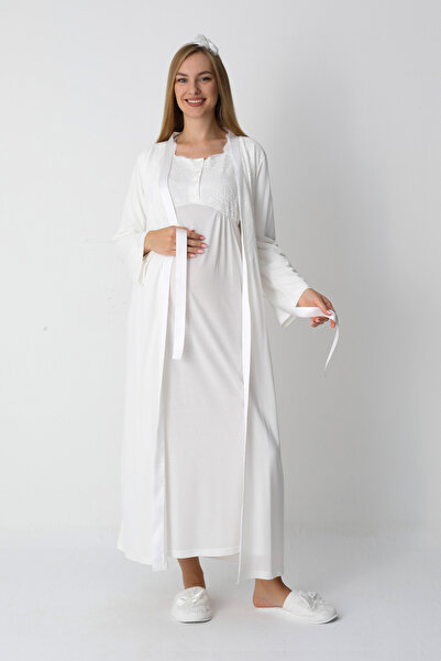 ERDENİZ TEKSTİL Maternity and Pregnancy Nightgown Set / Satin Stripe and Lace Detail / Satin Waist Belt