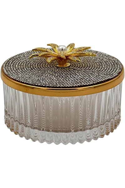 B&D Decorative Crystal Glass Jewelry Jar - Gold Flower Lid, Rhinestone Embellished