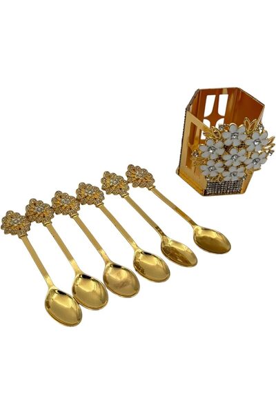 B&D Decorative Gold Floral Coffee Spoons Set with Crystal and White Enamel, 6-Piece