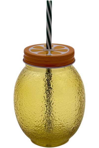 B&D Lemon-shaped Mason Jar Glass Cup with Straw, Citrus Orange Lid, Yellow, 550 ml