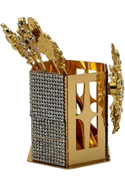 B&D Decorative Gold Floral Coffee Spoons Set with Crystal and White Enamel, 6-Piece