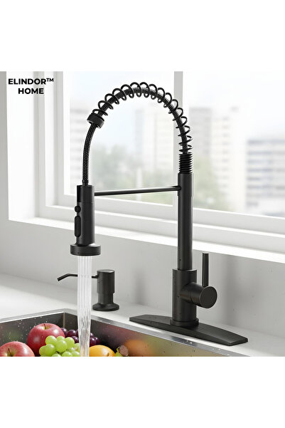 Elindor Baterie de chiuvetă de bucătărie neagră ®, baterie modernă, cu suport...