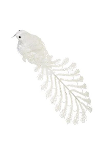 Jumbo Pasăre decorativă de Crăciun cu clemă, coadă lungă și sclipici alb 35 x 7 x 9 cm