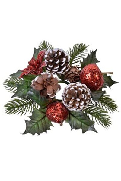 Silver Star Inel decorativ de Crăciun pentru lumânare cu conuri de pin, măr, pară și sclipici roșu - 20 cm