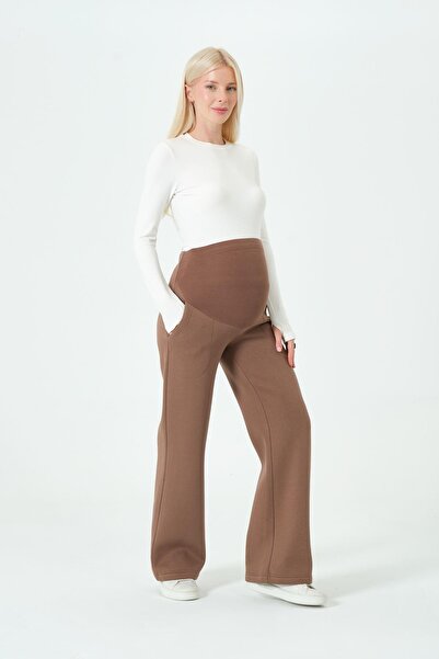 BUSA Maternity Stretchy Abdominal Band Adjustable Waist Thermal Wide Leg Sweatpants Brown