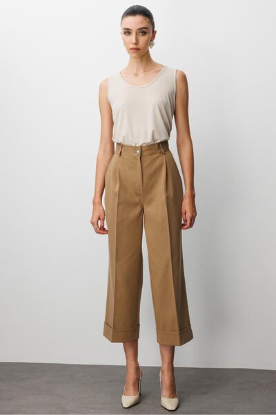 Moda İlgi Modailgi Yüksek Bel Pile Detaylı Duble Paça Rahat Kesim Pantolon - 75013 Camel