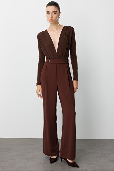 Moda İlgi Modailgi Yandan Cepli Pileli Kemeri Parçalamalı Ve Düğme Detaylı Plazzo Pantolon - 70030 Kahve