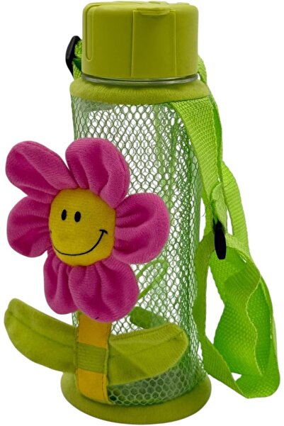 B&D Kids Water Bottle, 550 ml, Green with Pink Flower, Mesh Sleeve and Strap