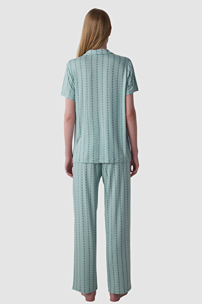 Penti Mint Green Lenna Striped Shirt Collar Pyjama Set