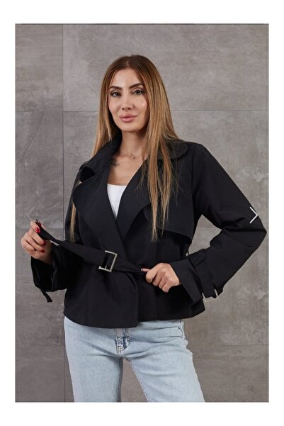 zenne Kruvaze Yaka Tokalı Kısa siyah Trençkot