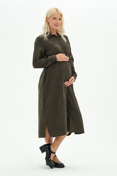 BUSA Maternity Front Button Midi Length Velvet Dress Khaki