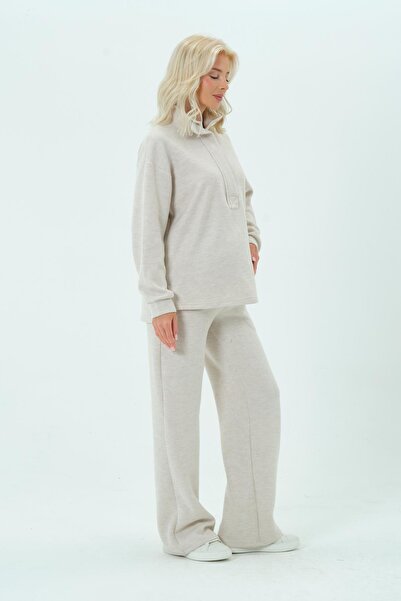 BUSA Maternity Adjustable Waist Elastic Band Wide Leg Collar Zippered Thessaloniki Suit Cream