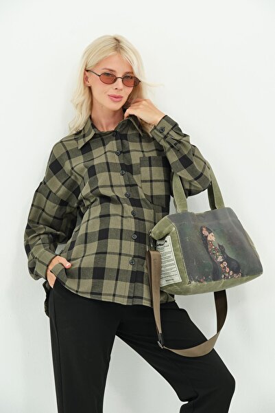 BUSA Maternity Long Sleeve Plaid Shirt Khaki