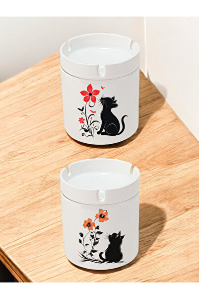 lili hediyelik Floral Cat Printed 2-Piece Ashtray - Ashtray Set, Ashtray Odorless, Ashtray Gift, Ashtray Outdoor