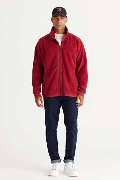 AC&Co / Altınyıldız Classics Burgundy Oversized Bol Cut Mock Neck Jacquard Fleece Sweatshirt