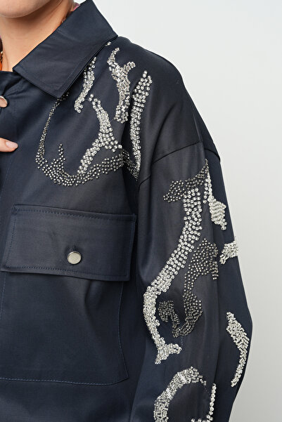 Orfeo Negro Women's Double Pocket Solid Color Shirt with Beaded Front