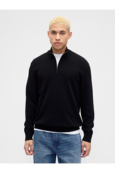 GAP Erkek Siyah Relaxed Yarım Fermuarlı Mockneck Kazak