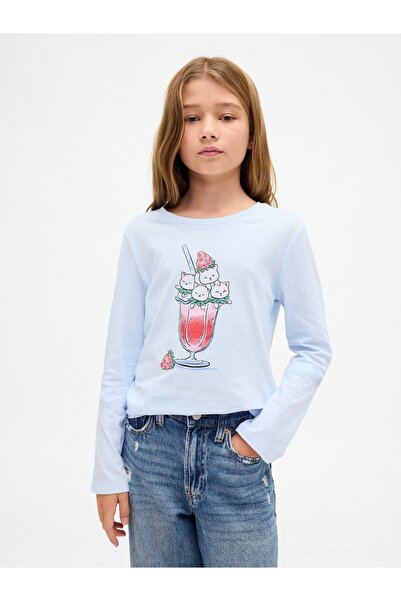 GAP Kız Çocuk Mavi Grafik Baskılı T-Shirt