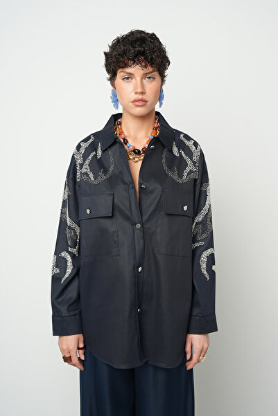 Orfeo Negro Women's Double Pocket Solid Color Shirt with Beaded Front