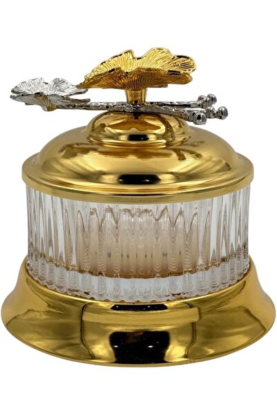 B&D Decorative Glass Jar with Gold Lid, Crystal-Cut Design, Butterfly Handle, Elegant Storage Contai