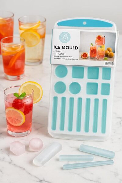 B&D Ice Cube Tray, 25 Cubes in Multiple Shapes, Food-Safe BPA-Free Plastic, 27.5 × 13 × 3.5 cm, Bl