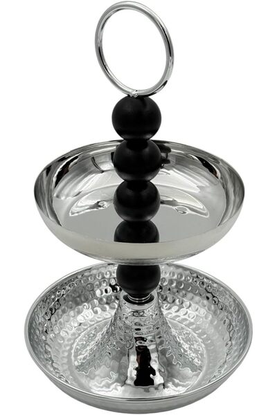 B&D Modern Two-Tier Jewelry Stand — Silver Chrome with Black Beads, Hammered Metal Trays