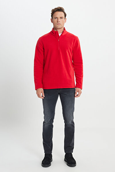 AC&Co / Altınyıldız Classics Rotes Anti-Pilling-Sweatshirt aus Fleece mit Stehkragen und Standardpassform, das nicht zu Ballenbildung verursacht und kältebeständig ist