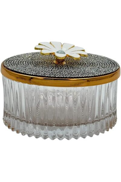 Bnd Decorative Glass Jewelry Box with Rhinestone Lid, Gold Accent & White Flower (Round)