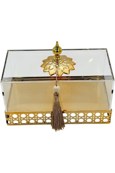 B&D Acrylic Decorative Small Square Storage Box with Gold Accents and Tassel Details
