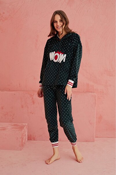 ELİTOL Velvet Wow Pop Art Women's Home Set - Dark Green