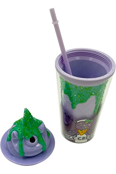 B&D Ice Cream Design Plastic Cup with Lid and Straw, Purple and Green, 500 ml, Decorative Crystal Design