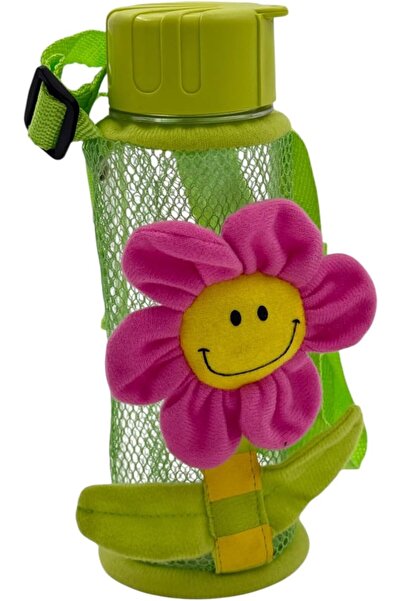 B&D Kids Water Bottle, 550 ml, Green with Pink Flower, Mesh Sleeve and Strap