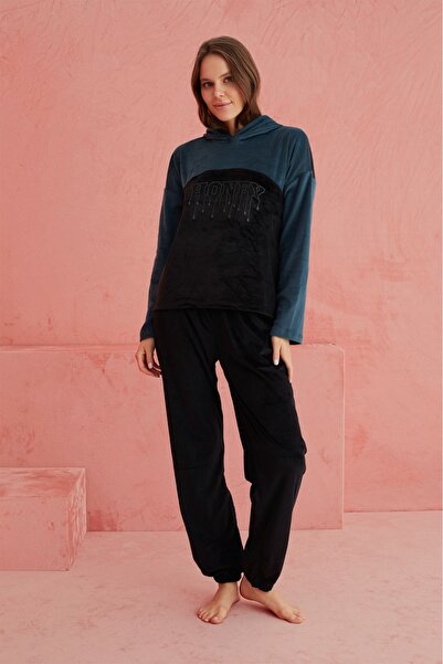 ELİTOL Kadife Honey Hooded Women's Home Set – Black Petrol