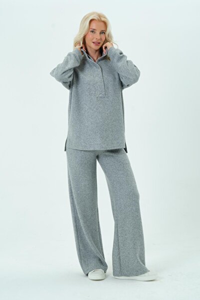 BUSA Maternity Adjustable Waist Elastic Band Wide Leg Collar Zippered Thessaloniki Suit Gray