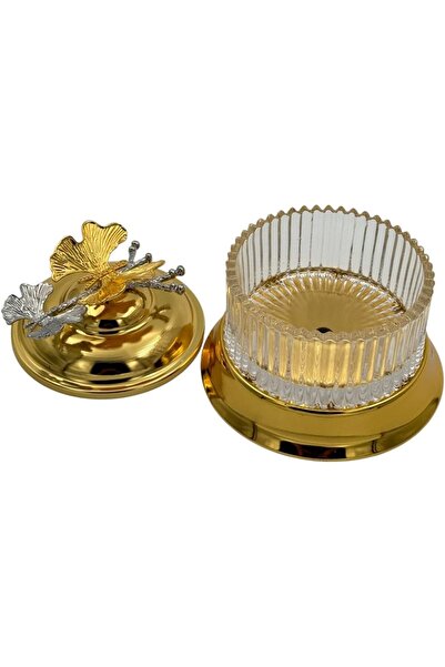 B&D Decorative Glass Jar with Gold Lid, Crystal-Cut Design, Butterfly Handle, Elegant Storage Contai