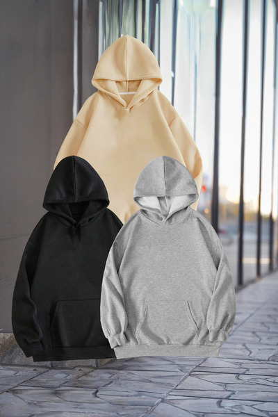 memowear Унисекс пуловер с качулка и джобове тип кенгуру, 3-компонентен комплект